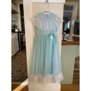 Vintage Girls 8 JC Penny Blue Lace Maxi Dress Long Gown USA Retro
